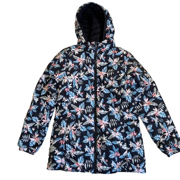 QLZ Girls Sz 12 Reversible Puffer Jacket Quilted Hooded Black / Tropical - Picture 11 of 16